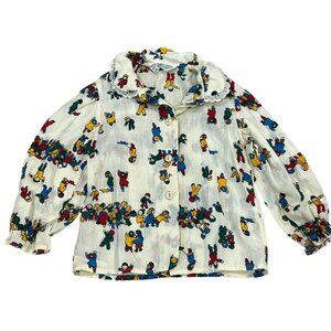Vintage Health-tex 4T Childrens Shirt Colorful Winter Scene Top Lace Collar Cott